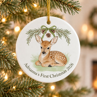 Personalized Baby’s First Christmas 2026 Woodland Ceramic Ornament