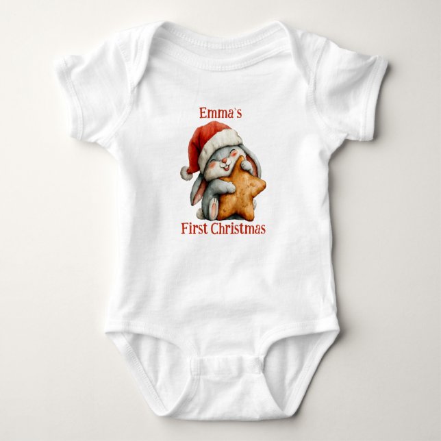 Personalized Baby’s First Christmas Bunny Baby Bodysuit (Front)