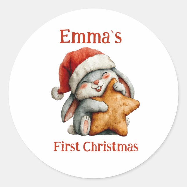 Personalized Baby’s First Christmas Bunny Classic Round Sticker (Front)
