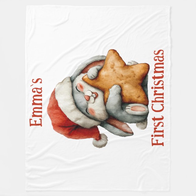 Personalized Baby’s First Christmas Bunny Fleece Blanket (Front)