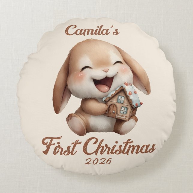 Personalized Baby’s First Christmas Bunny Round Pillow (Front)