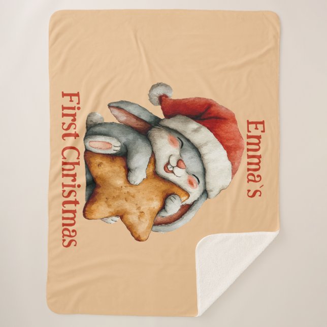 Personalized Baby’s First Christmas Bunny Sherpa Blanket (Front)