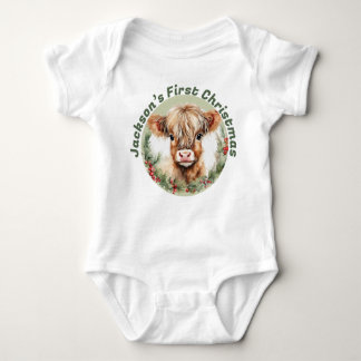 Personalized “Baby’s First Christmas” Highland Cow Baby Bodysuit