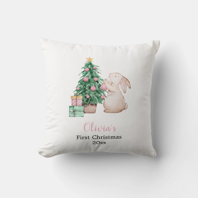 Personalized Baby’s First Christmas rabbit theme  Throw Pillow (Front)