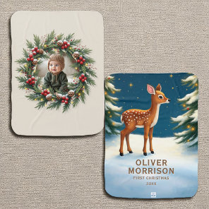 Personalized Baby’s First Christmas Reindeer Wreat Baby Blanket
