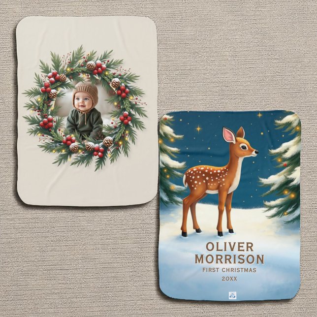 Personalized Baby’s First Christmas Reindeer Wreat Baby Blanket (Creator Uploaded)