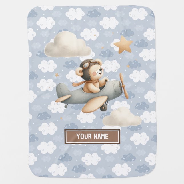 Personalized Baby Shower Blanket Teddy Bear Pilot (Front)