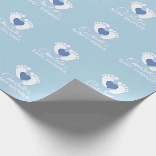 Personalized Baby Shower Blue Feet Heart Boy Wrapping Paper Zazzle Com