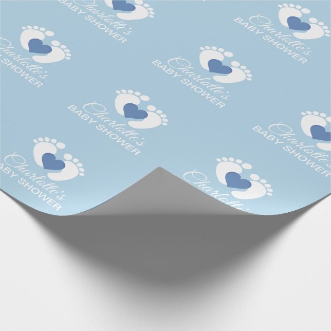 Personalized BABY SHOWER Blue Feet Heart BOY Wrapping Paper (Corner)
