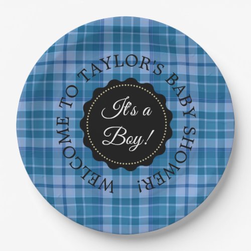 Personalized Baby Shower Blue Plaid Paper Plates