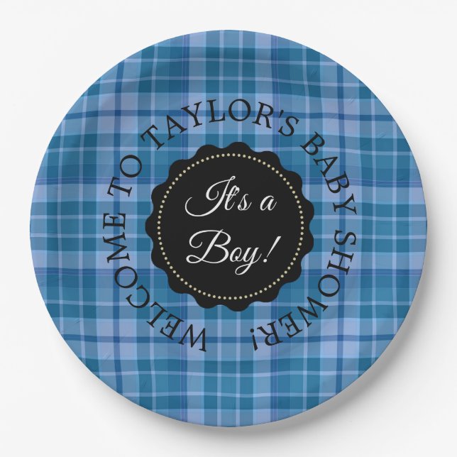 Personalized Baby Shower Blue Plaid Paper Plates (Front)