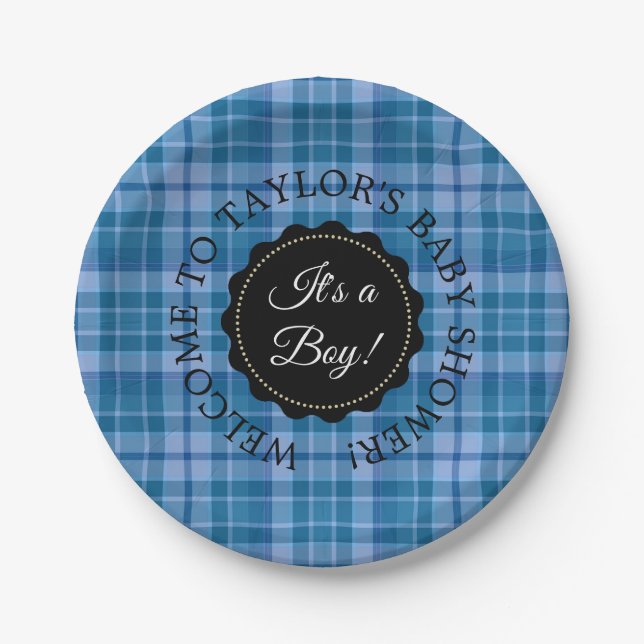 Personalized Baby Shower Blue Plaid Paper Plates (Front)