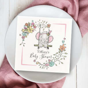 Personalized Baby Shower Cute Elephant Girl Floral Napkins