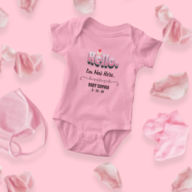 Personalized Baby Shower Cute Pink Hello Heart Bodysuit (Creator Uploaded)