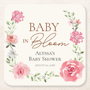 Personalized Baby shower favor Baby in bloom Square Paper Coaster