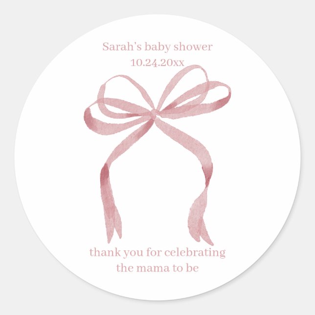 Personalized Baby Shower Favor Stickers Pink Bow (Front)