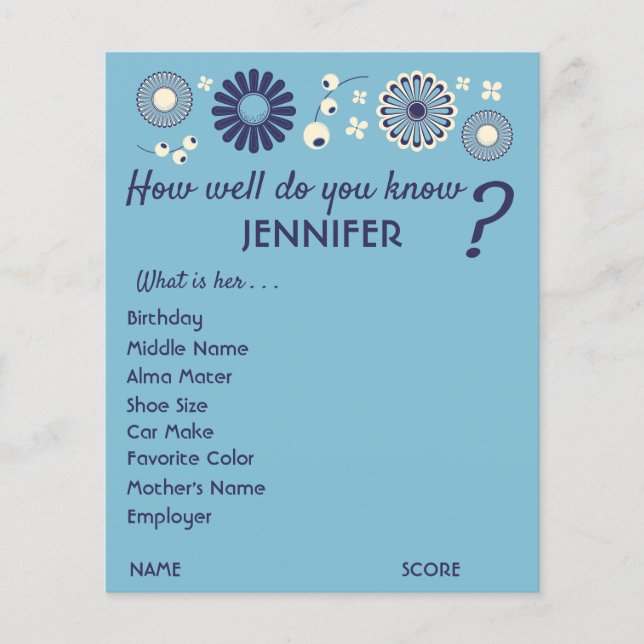 Personalized Baby Shower Game Sheets Blue Floral Flyer (Front)