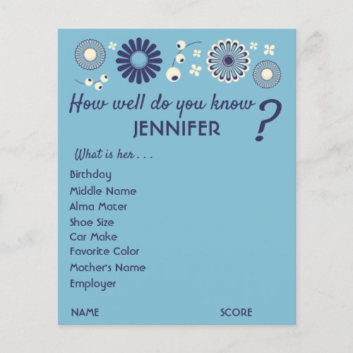 Personalized Baby Shower Game Sheets Blue Floral Flyer