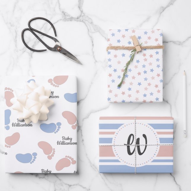 Personalized Baby Shower Gender Reveal Monogram Wrapping Paper Sheets (Front)