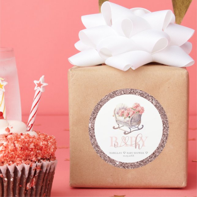 Personalized Baby Shower Glitter Baby Basket Classic Round Sticker (Party)