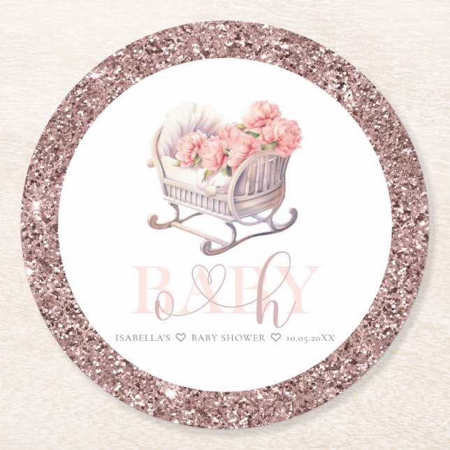 Personalized Baby Shower Glitter Baby Basket Round Paper Coaster (Front)