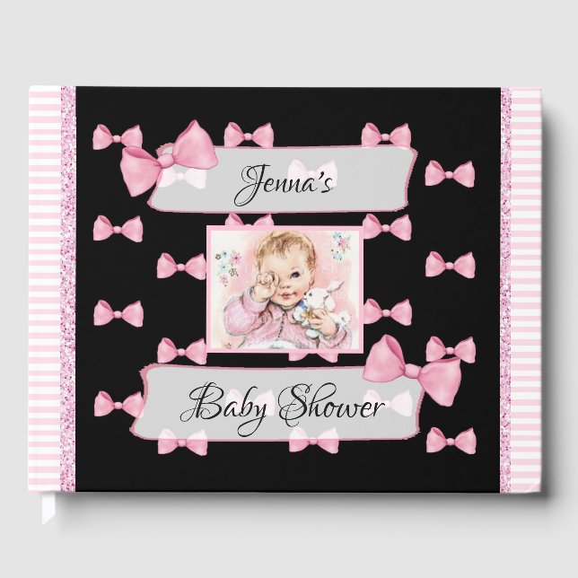 Personalized Baby Shower Guest Book Pink Black (Front)
