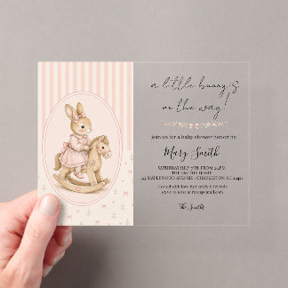 Personalized Baby Shower Invitation, Vintage Bunny Acrylic Enclosure Card