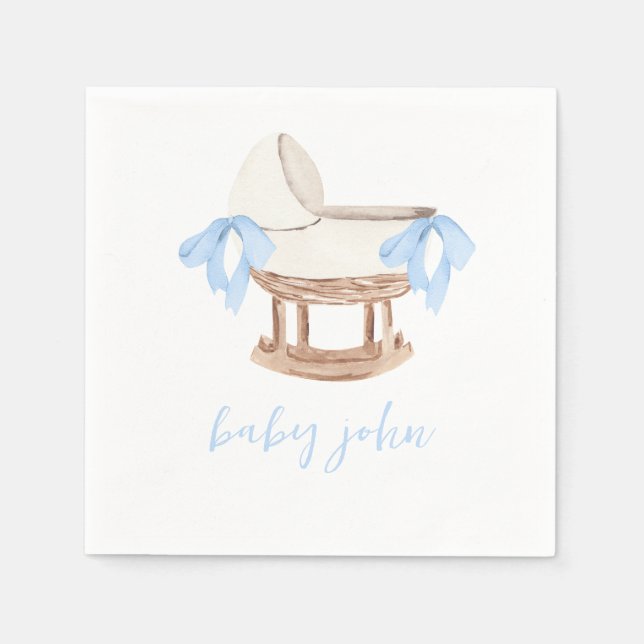 Personalized Baby Shower Napkins, Blue Bow Napkin (Front)
