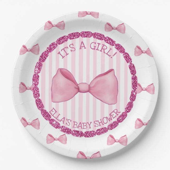 Personalized Baby Shower Paper Plates Pink Bows (Front)
