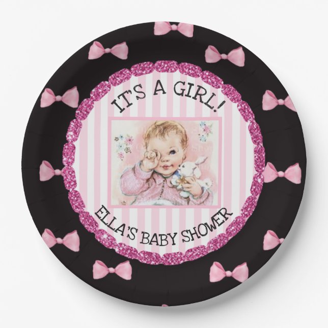 Personalized Baby Shower Paper Plates Pink Bows (Front)