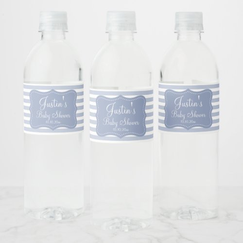 Personalized baby shower party elegant blue stripe water bottle label