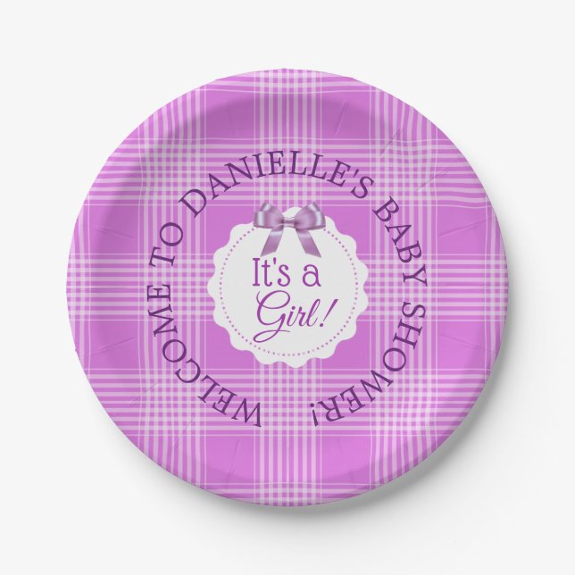 Personalized Baby Shower Purple Plaid Paper Plates (Front)