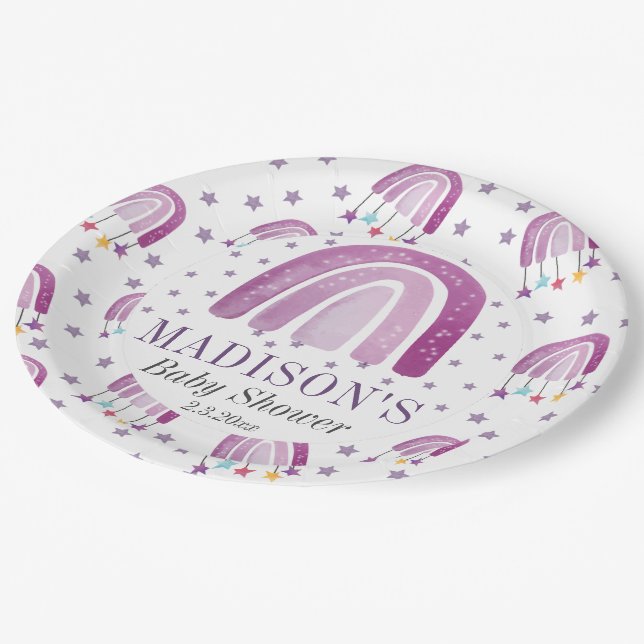 Personalized Baby Shower Purple Rainbow Paper Plates (Angled)