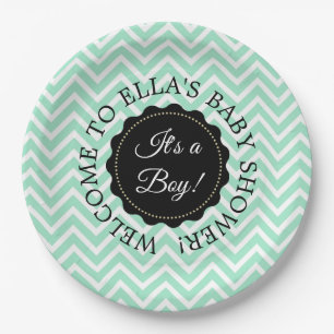 Personalized Baby Shower Sage Chevron Paper Plates