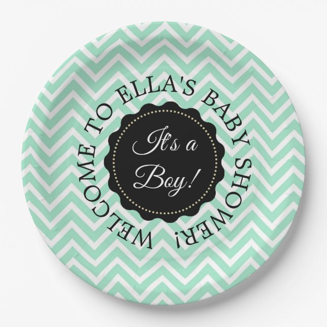 Personalized Baby Shower Sage Chevron Paper Plates (Front)