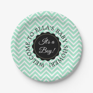 Personalized Baby Shower Sage Chevron Paper Plates