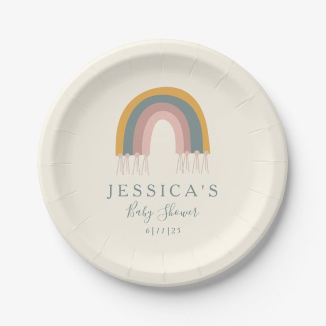 Personalized Baby Shower Soft Boho Rainbow Pastel Paper Plates (Front)