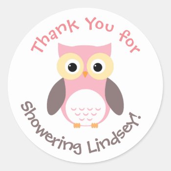 Personalized Baby Shower Stickers- Owl Theme Classic Round Sticker by AestheticJourneys at Zazzle