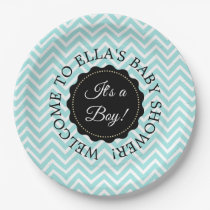 Personalized Baby Shower Teal Chevron Paper Plates