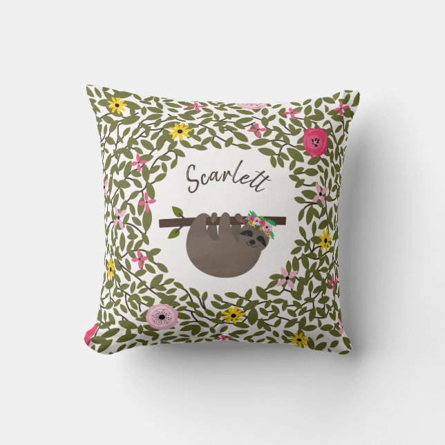 Personalized Baby Sloth Floral Pillow (Front)