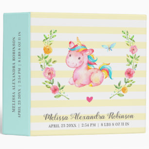 Personalized Baby Stats Newborn Girl Unicorn Album 3 Ring Binder