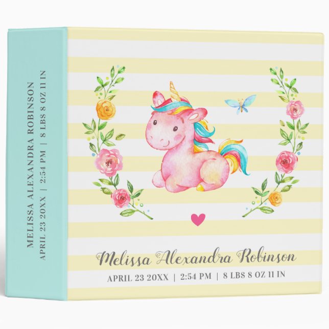 Personalized Baby Stats Newborn Girl Unicorn Album 3 Ring Binder (Front/Spine)