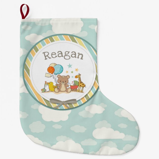 Personalized Baby Teddy Bear Giraffe Rubber Ducky Large Christmas Stocking (Front)