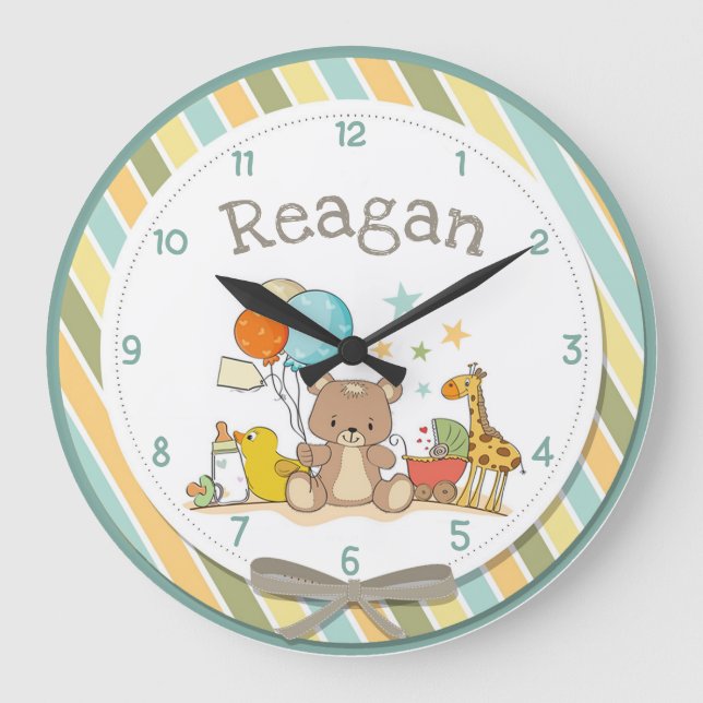 Personalized Baby Teddy Bear Giraffe Rubber Ducky Large Clock (Front)