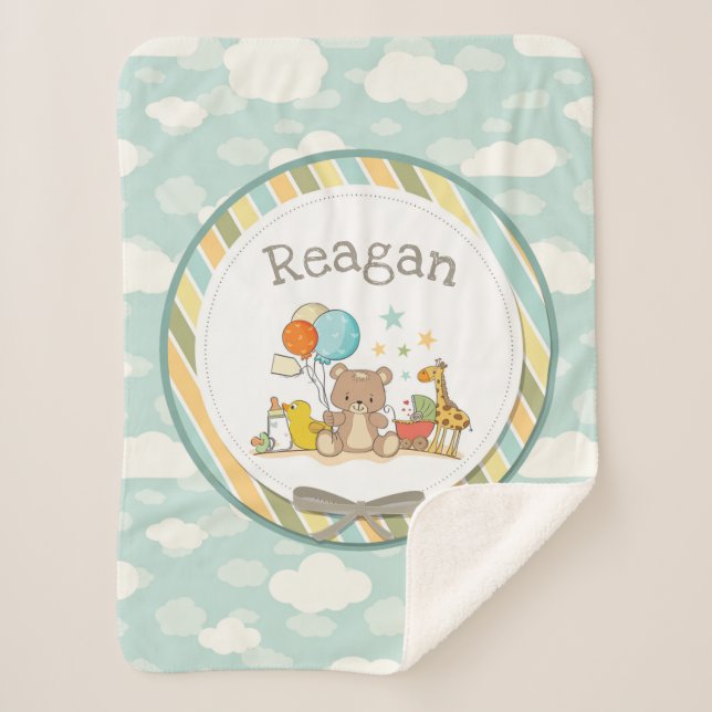 Personalized Baby Teddy Bear Giraffe Rubber Ducky Sherpa Blanket (Front)