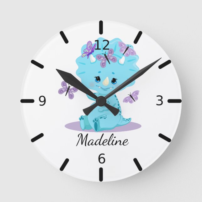 Personalized Baby Triceratops - Dinosaur Round Clock (Front)