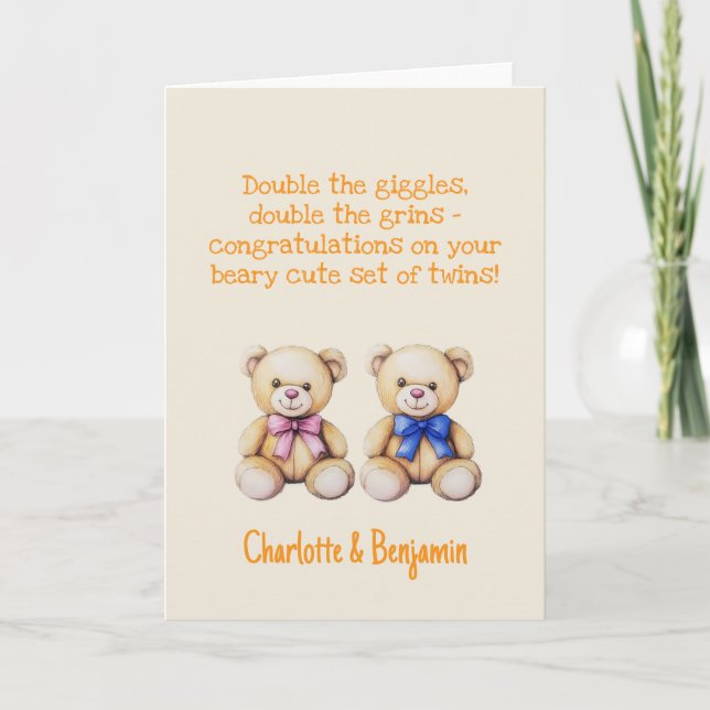Personalized Baby Twins Congratulations, Bears     Card (Front)