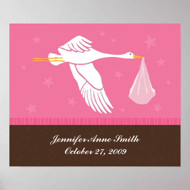 Personalized Baby Wall Art - Stork/Pink & Brown (Front)