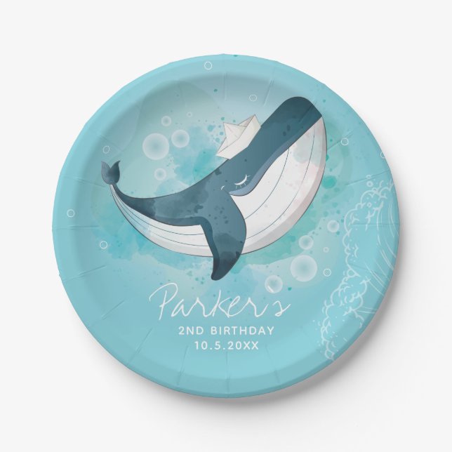 Personalized Baby Whale Blue Birthday Paper Plates (Front)