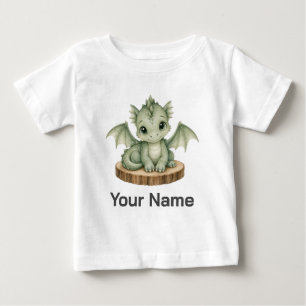 Personalized Baby Woodland Dragon on Wooden Slice T-Shirt